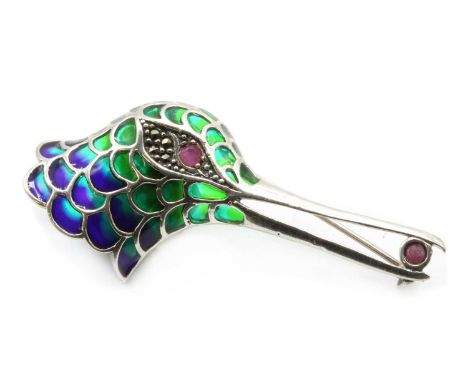 A silver plique-à-jour enamel, ruby and marcasite bird brooch, in the form of a bird's head, with green and violet plique-à-j