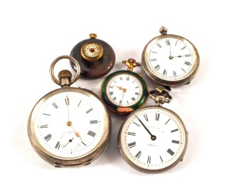 Three Silver pocket watches, one gun metal lapel watch and a gilt and enamel fob watch (some damage to enamel)