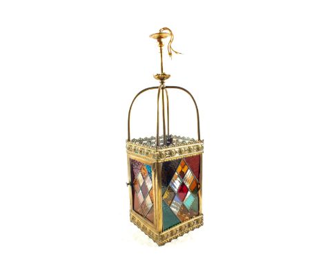 A Brass hanging hall lantern with coloured lead glass panels