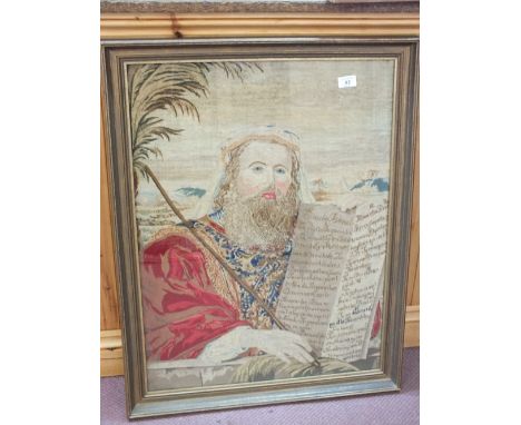 A Victorian tapestry picture of Moses and The Ten Commandments, 29" x 21"