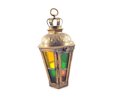 A Brass and coloured glass hall lantern