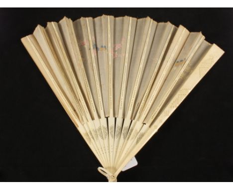 An Ivory brisé fan with bird and floral silk panels