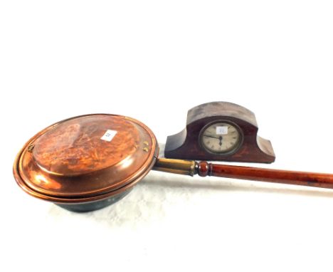 A Victorian Copper warming pan and an Edwardian inlaid mantel clock