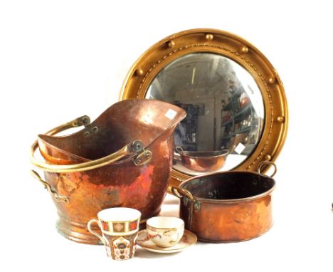 A convex mirror, Copper coal helmet etc
