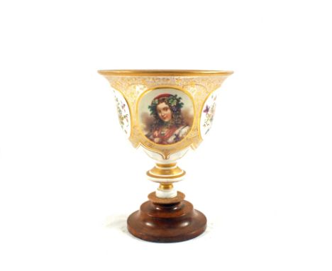 A 19th Century Bohemian glass vase with flower painted oval panels, one with girls portrait (truncated on later base)