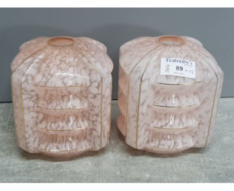 Pair of mottled pink with gold trim Art Deco glass light shades
