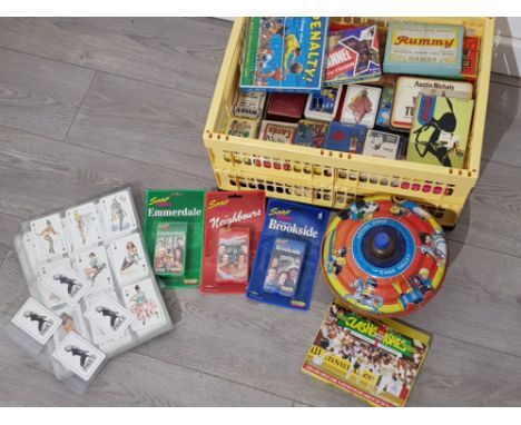 Box of vintage card packs mainly novelty also includes Chad Valley tin toy spinner etc