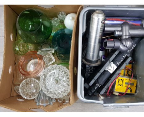 1 box of misc pressed and Art glass together with a box of propane blow torch, dyson tools, 2x propeak discharger x2 etc