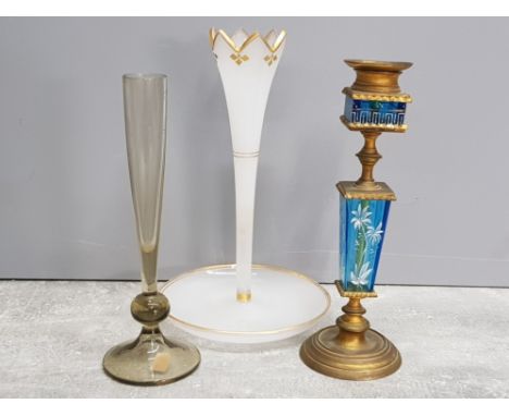 Whitefriars bud vase, victorian milk glass epergne type centre vase and a Mary Gregory style candlestick with chinese figure