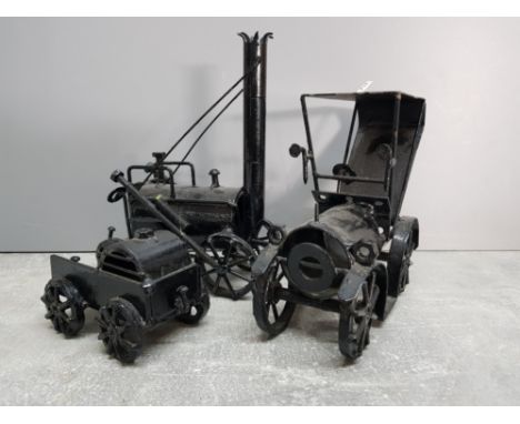 3 vintage metal models in black, steam engine and carriage plus 50's style car