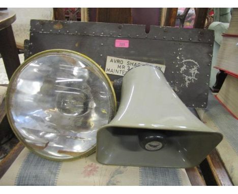A maintenance panel from an Arro Shackelton MR3 XF 707, a yellow painted metal and glass runway lamp and an Eagle Products lo