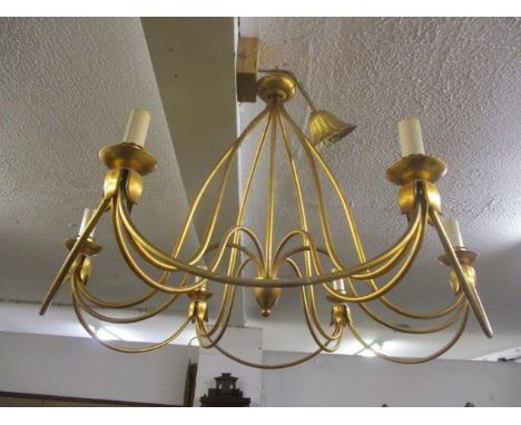 A modern gilt six-branch ceiling hanging light 23 1/2"h x 29"w, and another smaller matching light 