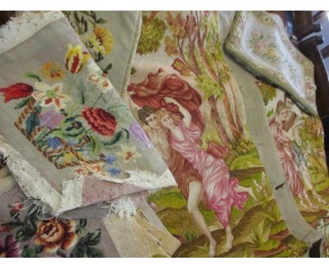 A pair of tapestry panels, mixed needlepoint and woollen tapestry cushion covers and samples 