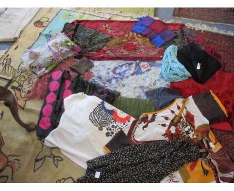 A Georgina Von Etzdorf silk scarf, embellished scarves, a Pashmina scarf in black, an Emil Nair T-shirt, a Chinese inspired t