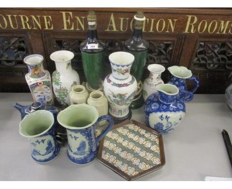 A mixed lot to include a pair of mottled green table lamps, Chinese vases, a Franklin Mint vase and other items 