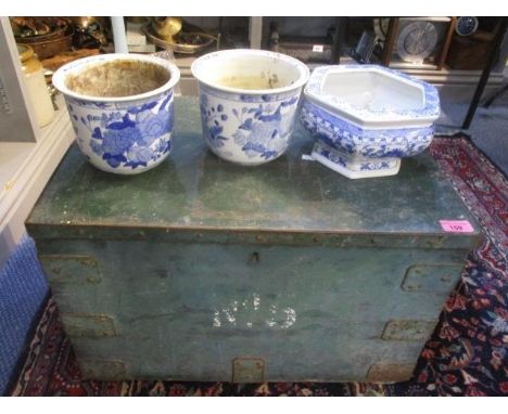 A vintage green twin handled trunk, together with three blue and white pots and mixed pictures 