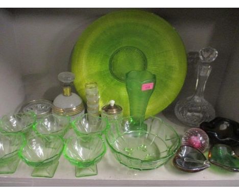 Mixed glassware to include a Caithness glass paperweight and a green Art Deco fruit set 