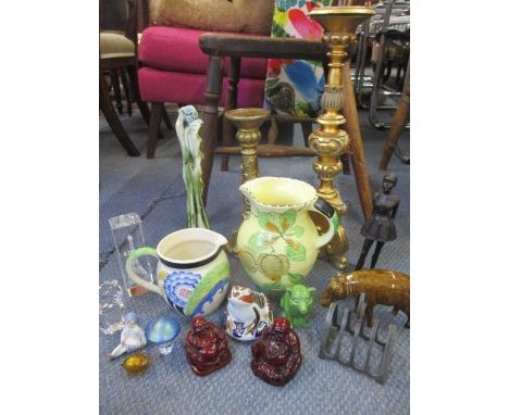 A Crown Devon and a Radford vase, gilt treen candlesticks, a pair of Buddhas, a Crown Derby style model of a toad and other o