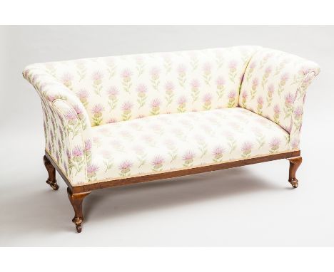 EDWARDIAN MAHOGANY SOFA
with high back and arms, drop-end arm, on four short cabriole legs, modern upholstery with repeat thi