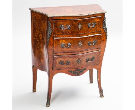 KINGWOOD FLORAL MARQUETRY AND GILT METAL MOUNTED SMALL COMMODE CHEST 
of French 18th century design, the crossbanded top with