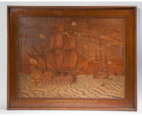 EARLY 20TH CENTURY FINE MARQUETRY PANEL
depicting two English warships in The Channel, one named 'Revenge' who was built in t