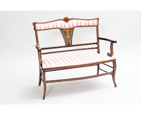 EDWARDIAN MAHOGANY TWO SEAT SOFA
with inlaid central splat, upholstered top rail and seat, on cabriole legs joined by straigh