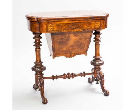 VICTORIAN BURR WALNUT INLAID LADY'S TABLE
with hinged top to reveal a parquetry cribbage and backgammon board, a sewing drawe