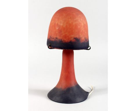 AN ART DECO GLASS LAMP, of mushroom shape, with opaque red and blue shade and base, each fitting with a bulb holder. 13ins hi