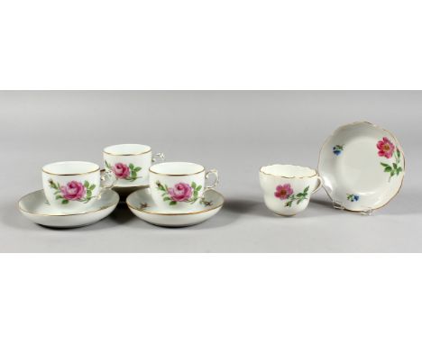 A SMALL MEISSEN FLORAL CUP AND SAUCER, and three similar Furstenberg cups and saucers.