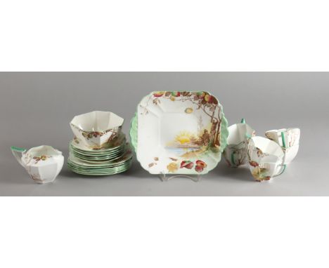 A SHELLEY SIX PLACE TEA SERVICE, Pattern No. 11724, decorated with a sunrise and autumnal trees and leaves.