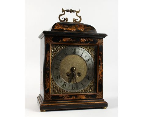 A FRENCH MADE LACQUER CASED BRACKET CLOCK, in a Chinoiserie case, eight-day movement, silver chapter ring, brass carrying han