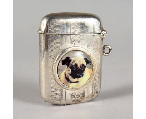 AN ENGRAVED SILVER VESTA CASE, with an enamel of a pug dog. Birmingham 1902.