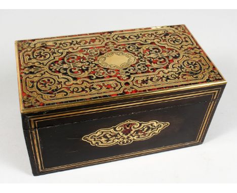 A 19TH CENTURY BOULLE BRASS INLAID TWO-DIVISION TEA CADDY. 9ins long.