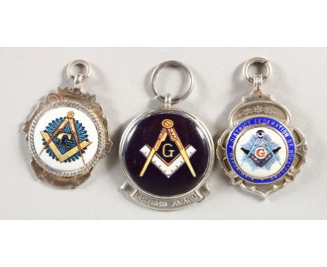 THREE SILVER AND ENAMEL MASONIC FOBS.