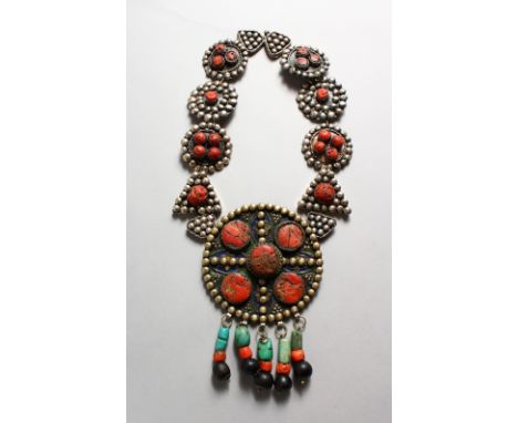 A LARGE ROMAN SILVER BRASS, CORAL SET AND ENAMEL CHATELAINE.