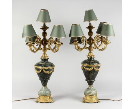 A GOOD PAIR OF CLASSICAL STYLE MARBLE AND ORMOLU URN SHAPED TABLE LAMPS, fitted for electricity, with four scrolling branches