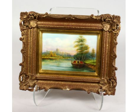 AN EX-ROYAL WORCESTER ARTIST PLAQUE, painted with a narrow boat with Windsor Castle in the distance, by Alan Telford, signed.