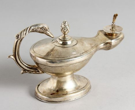 AN ALADDINS LAMP, with bird handle and pineapple wick. Crested.  London 1908.  Maker: J. E.