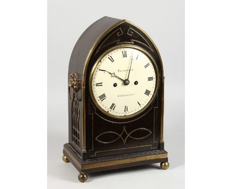 A GOOD REGENCY MAHOGANY CASED ARCHED TOP BRACKET CLOCK by THOMPSON, WOODBRIDGE, white circular dial, eight-day movement, stri