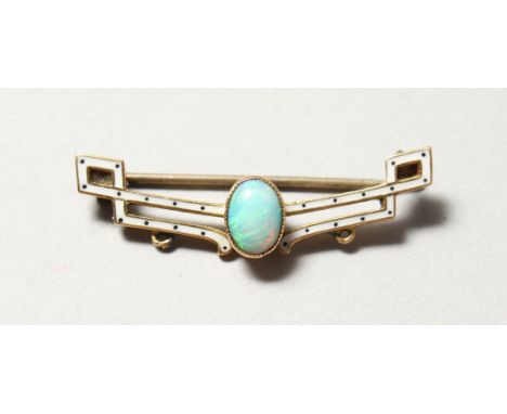 A SMALL GOLD, ENAMEL AND OPAL BAR BROOCH.