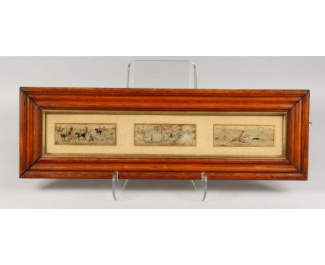 THREE SMALL SILKWORK PICTURES DEPICTING HUNTING AND ROWING SCENES, possibly Stevenographs, mounted as one, framed and glazed.
