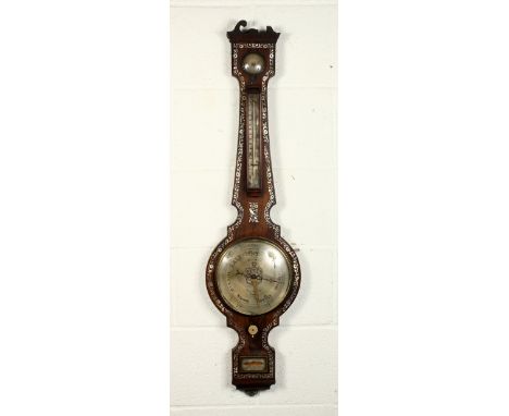 A 19TH CENTURY ROSEWOOD AND MOTHER-OF-PEARL CASED BAROMETER/THERMOMETER by Williamson, London. 3ft 4ins high.