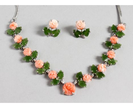 A SILVER, CORAL AND JADE PENDANT, EARRINGS AND RING.