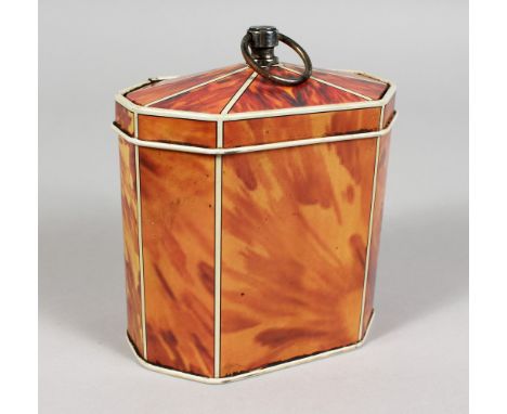 A GEORGE III DESIGN TOLEWARE TORTOISESHELL TEA CADDY. 3.5ins high.