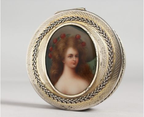 A 19TH CENTURY FRENCH ENGINE TURNED SILVER CIRCULAR BOX, the hinged lid with an oval porcelain portrait of a young lady. Sign