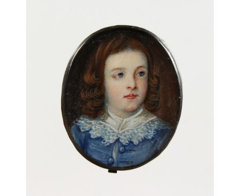 ENGLISH SCHOOL (18TH CENTURY) Portrait of a young boy, head and shoulders with long hair, lace collar and light blue coat. 3c
