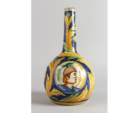 A 19TH CENTURY ITALIAN MAIOLICA POTTERY BOTTLE VASE, painted with a portrait bust, flowers and leaves. 13.5ins high.