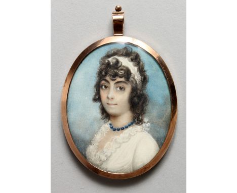 A GEORGIAN OVAL PORTRAIT MINIATURE OF A YOUNG LADY, white dress and blue necklace, the reverse with plaited hair. Image: 2.5i