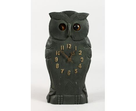 A CARVED WOOD AUTOMATON OWL CLOCK. 9.5ins high.