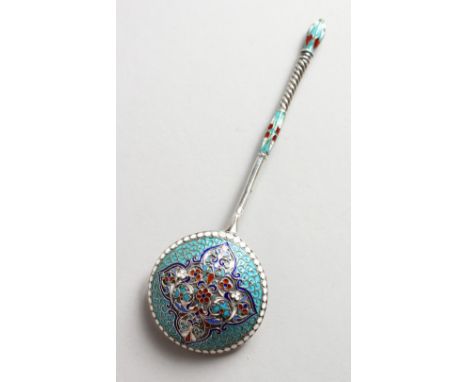 A RUSSIAN SILVER AND ENAMEL SPOON.
